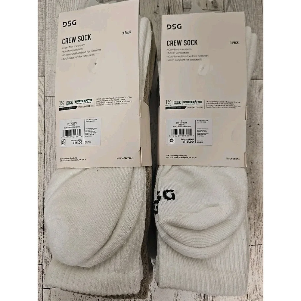 Crew Socks LARGE Unisex Arch Support 3pk Cushioned Green Tan White Lot of 2